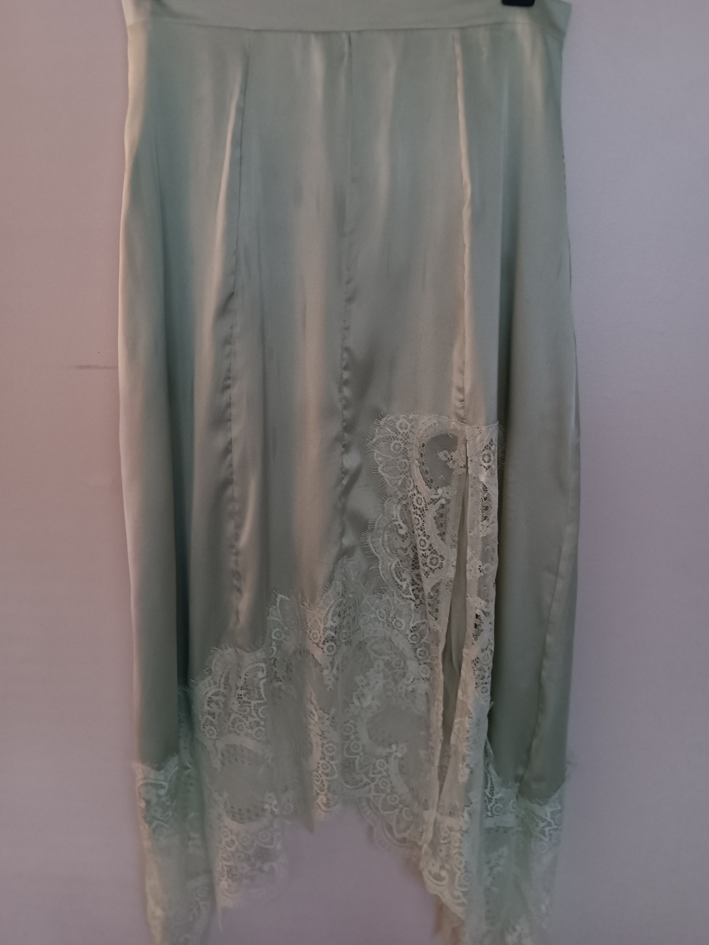 Source Unknown Asymmetrical Lace-Trim Slip Skirt in Light Sage